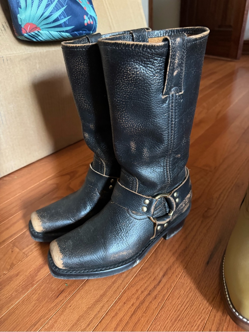 Frye Black Leather Harness Moto Boots with Brass Hardware